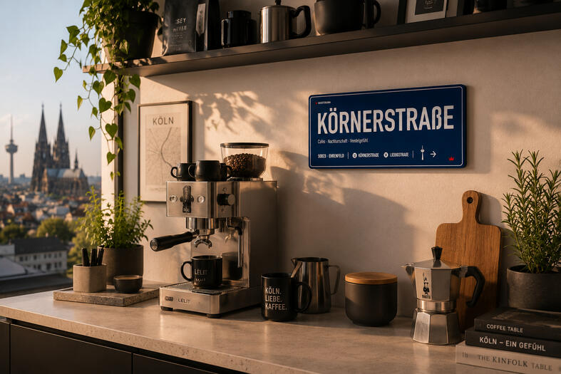 Wohnbeispiel in einer modernen Küche. Das Aluminium-Designschild „Körnerstraße“ von DasIstColonia über einer Kaffee-Ecke in einer modernen Küche. Design Straßenschild für Köln-Liebhaber